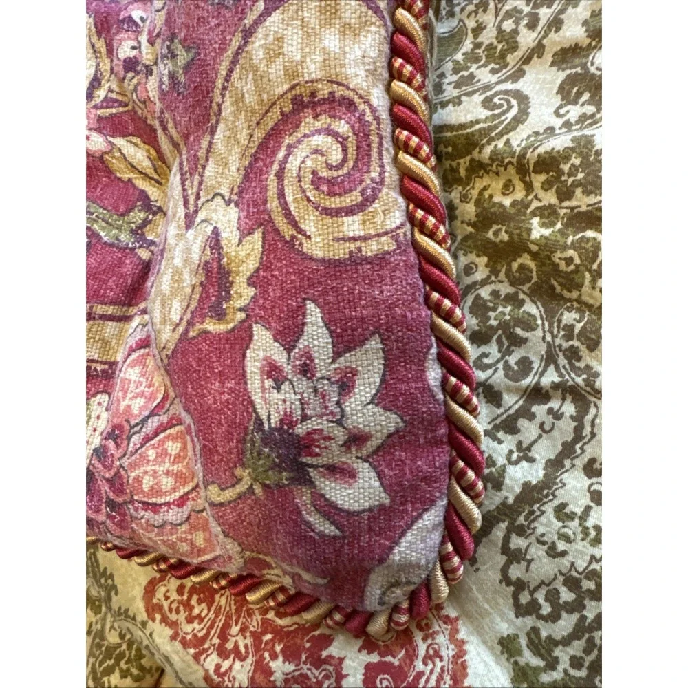 Waverly Reversible Damask Floral Comforter Burgundy Gold Sage Rope Trim Heavy